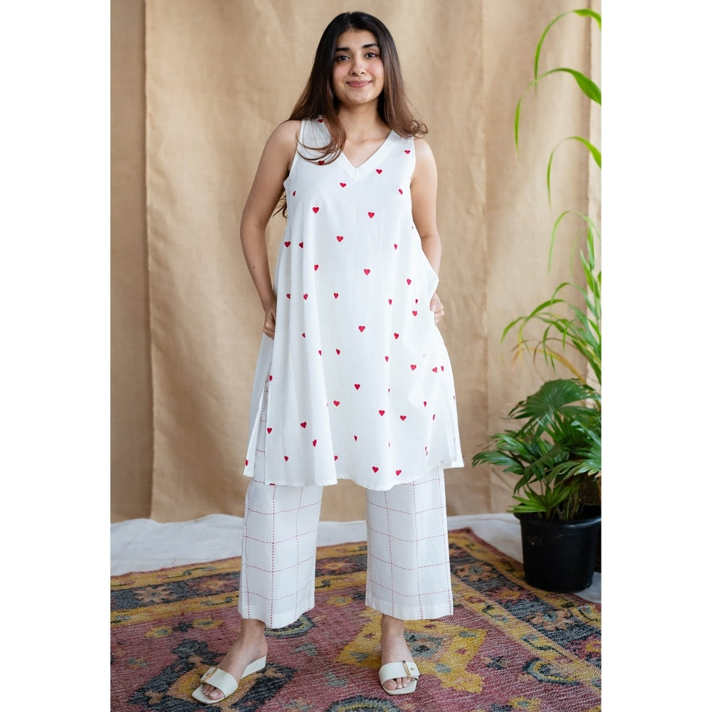 The Indian Ethnic Co. White Printed Cotton Kurta with Palazzo (Set of 2)