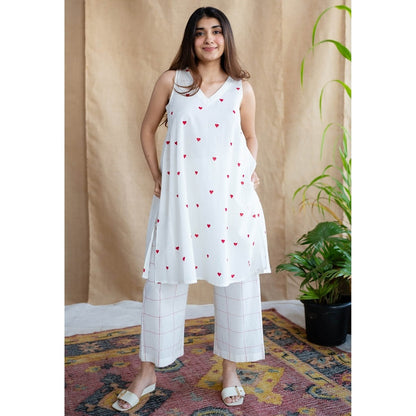 The Indian Ethnic Co. White Printed Cotton Kurta with Palazzo (Set of 2)