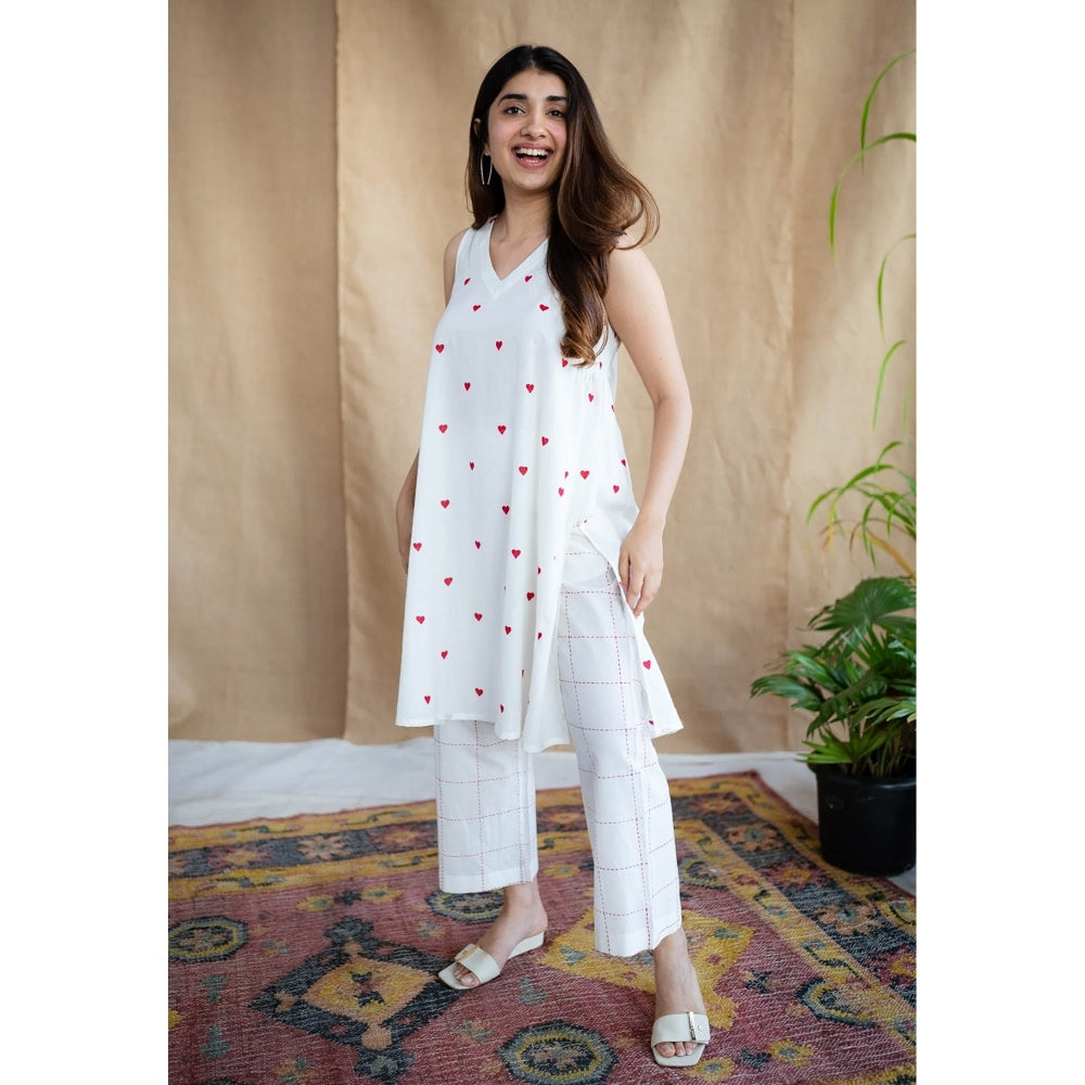 The Indian Ethnic Co. White Printed Cotton Kurta with Palazzo (Set of 2)