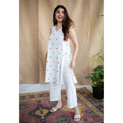 The Indian Ethnic Co. White Printed Cotton Kurta with Palazzo (Set of 2)