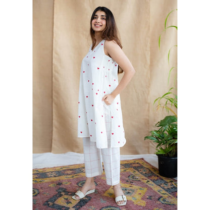 The Indian Ethnic Co. White Printed Cotton Kurta with Palazzo (Set of 2)