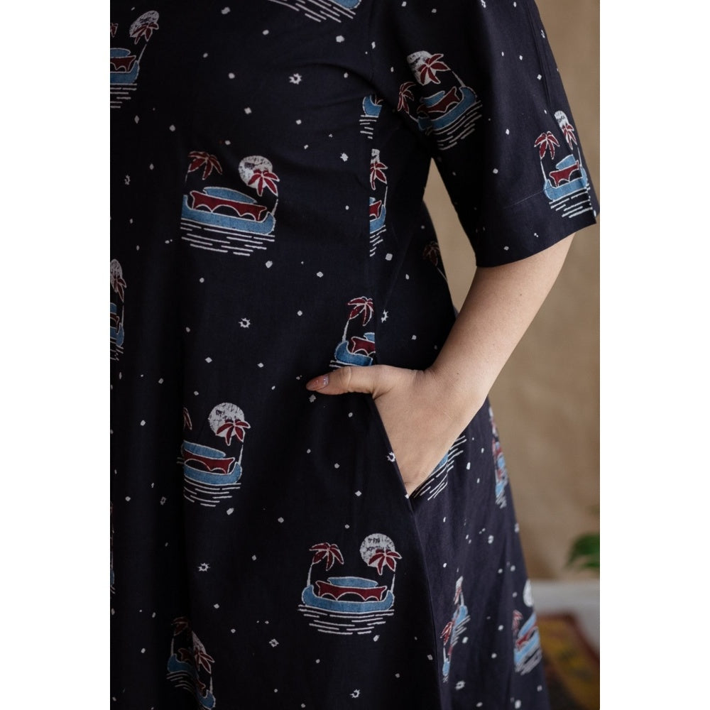 The Indian Ethnic Co. Kochi Ajrakh Navy Blue Cotton Dress