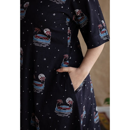 The Indian Ethnic Co. Kochi Ajrakh Navy Blue Cotton Dress