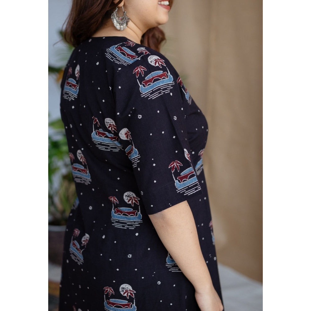 The Indian Ethnic Co. Kochi Ajrakh Navy Blue Cotton Dress