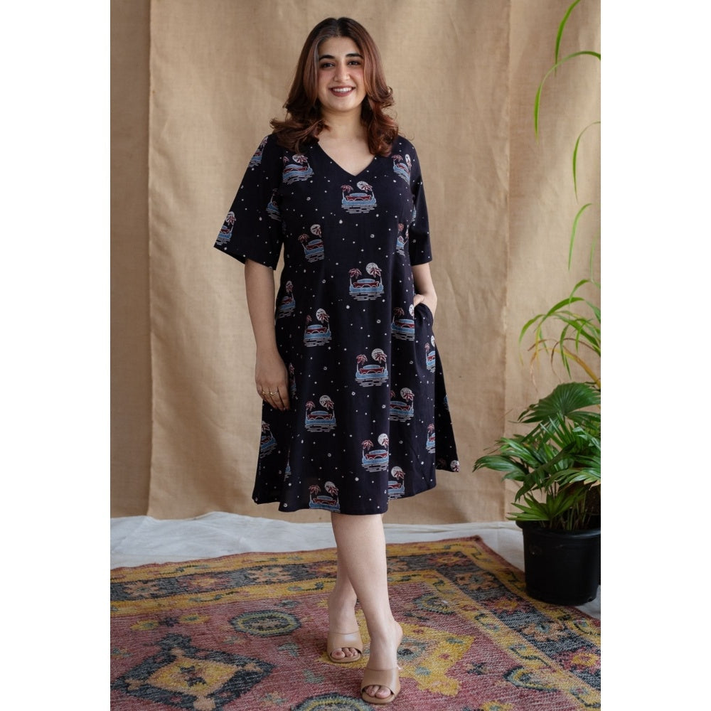 The Indian Ethnic Co. Kochi Ajrakh Navy Blue Cotton Dress
