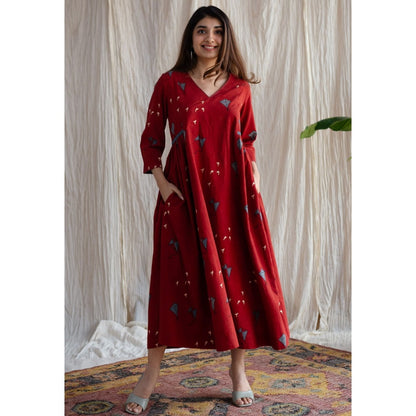 The Indian Ethnic Co. Amdavad Patang Ajrakh Red Cotton Printed Dress