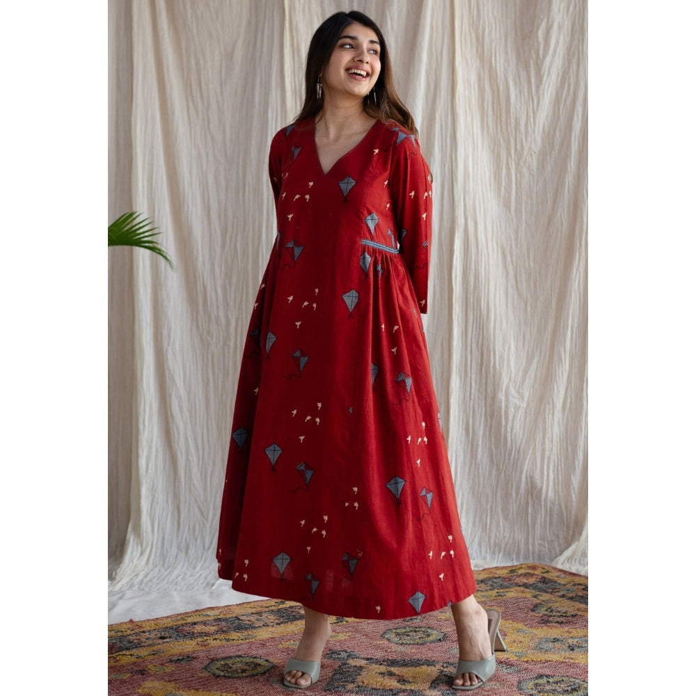 The Indian Ethnic Co. Amdavad Patang Ajrakh Red Cotton Printed Dress