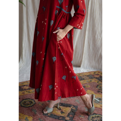 The Indian Ethnic Co. Amdavad Patang Ajrakh Red Cotton Printed Dress