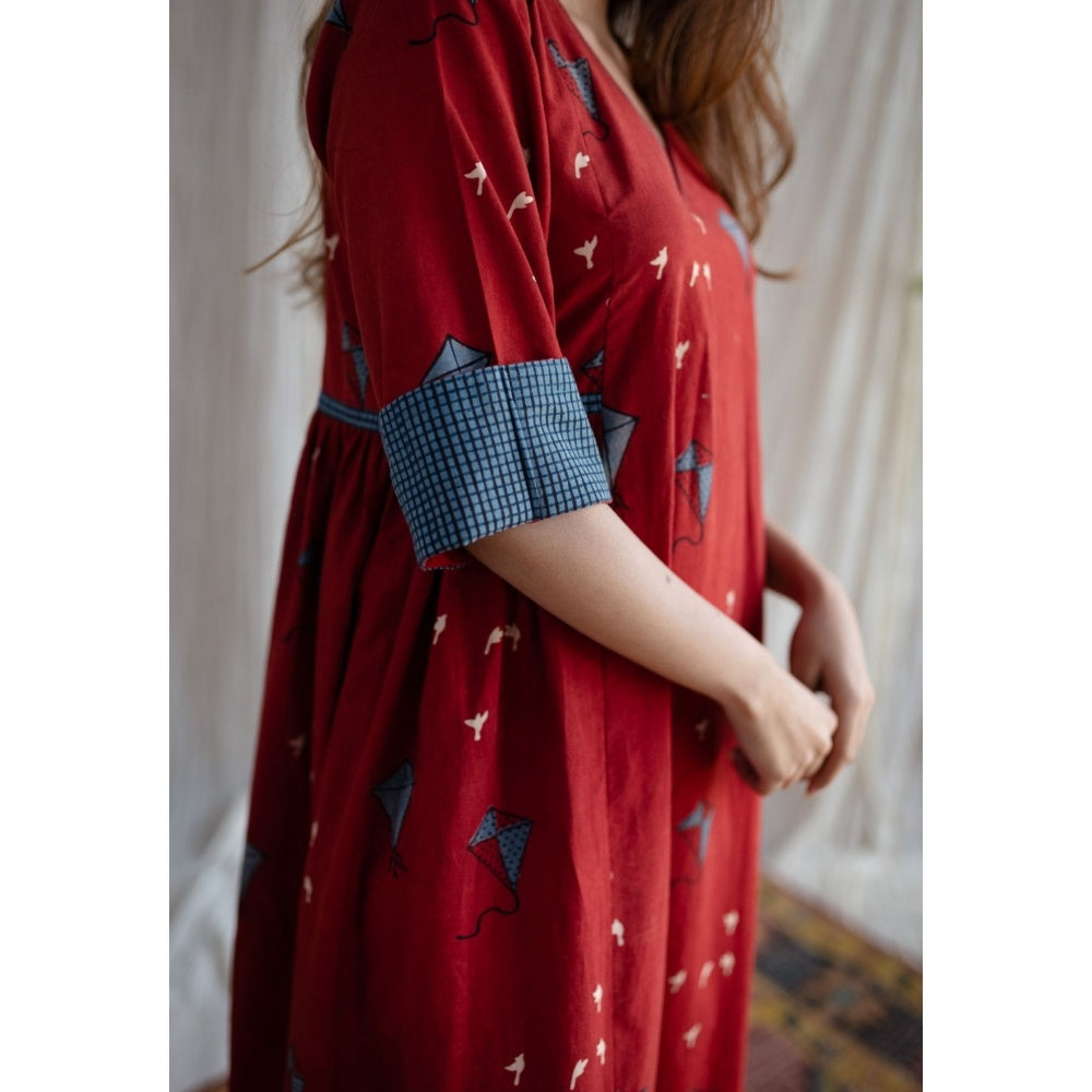 The Indian Ethnic Co. Amdavad Patang Ajrakh Red Cotton Printed Dress