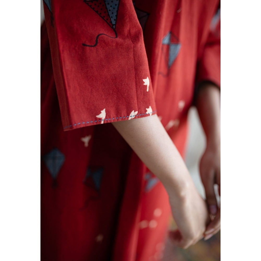 The Indian Ethnic Co. Amdavad Patang Ajrakh Red Cotton Printed Dress