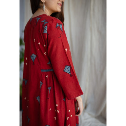 The Indian Ethnic Co. Amdavad Patang Ajrakh Red Cotton Printed Dress