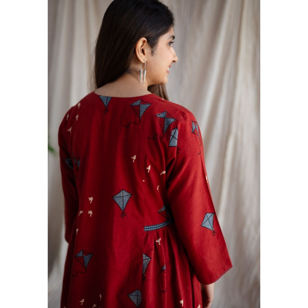 The Indian Ethnic Co. Amdavad Patang Ajrakh Red Cotton Printed Dress