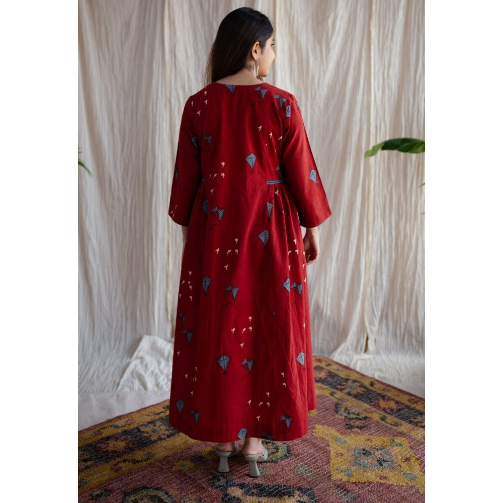 The Indian Ethnic Co. Amdavad Patang Ajrakh Red Cotton Printed Dress