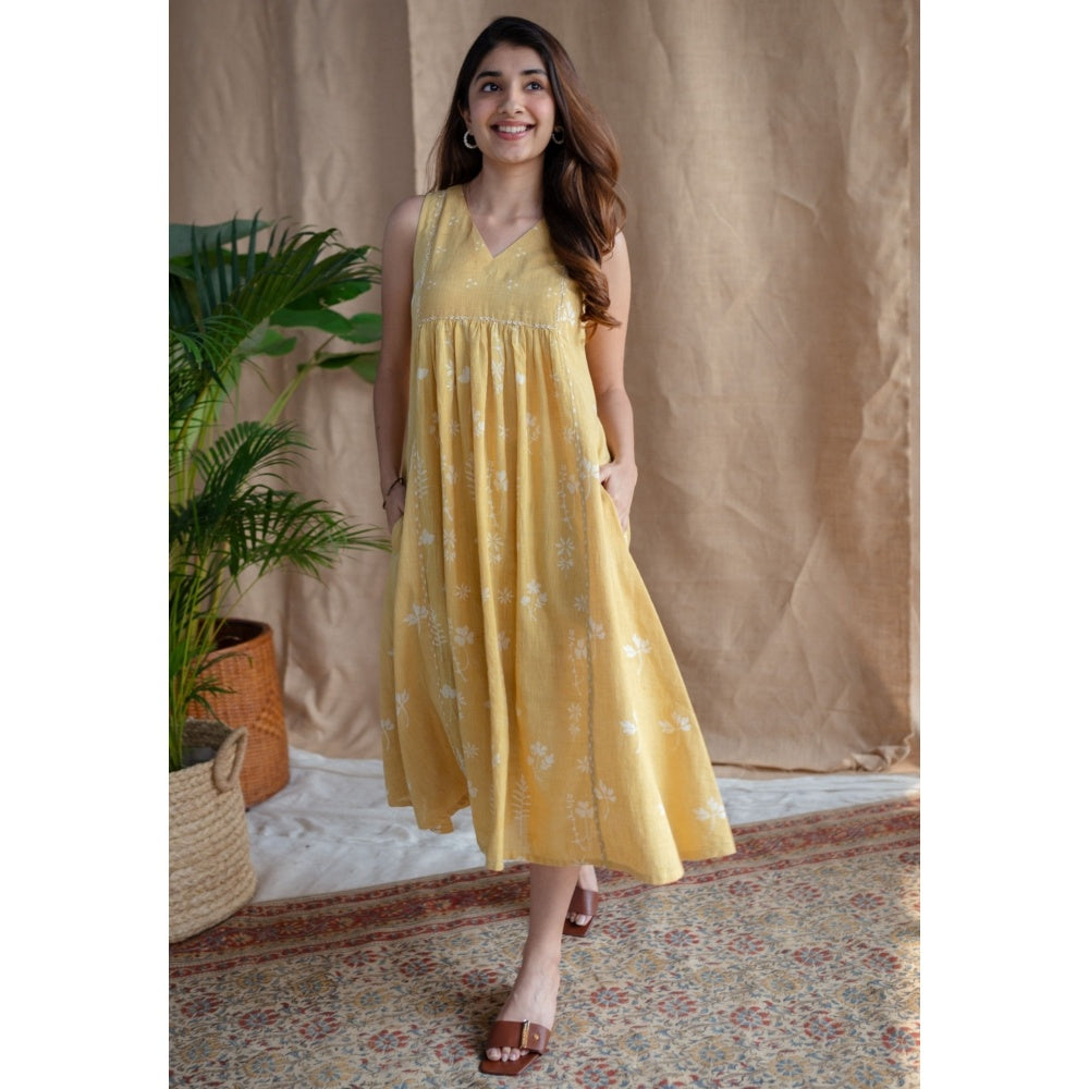 The Indian Ethnic Co. Yellow A-Line Dabu Slub Cotton Hand Block Print Embroidered Midi Dress