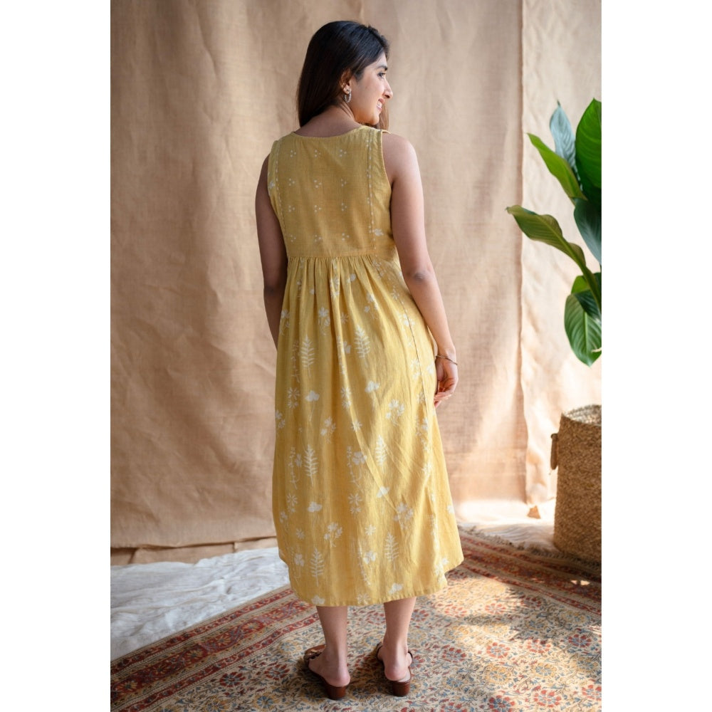 The Indian Ethnic Co. Yellow A-Line Dabu Slub Cotton Hand Block Print Embroidered Midi Dress