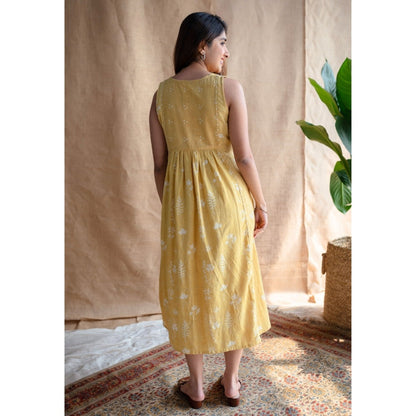 The Indian Ethnic Co. Yellow A-Line Dabu Slub Cotton Hand Block Print Embroidered Midi Dress