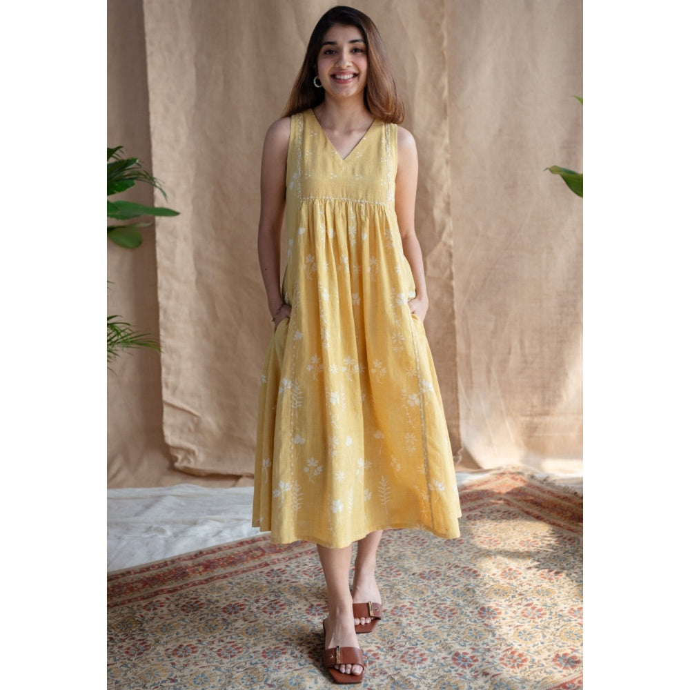 The Indian Ethnic Co. Yellow A-Line Dabu Slub Cotton Hand Block Print Embroidered Midi Dress
