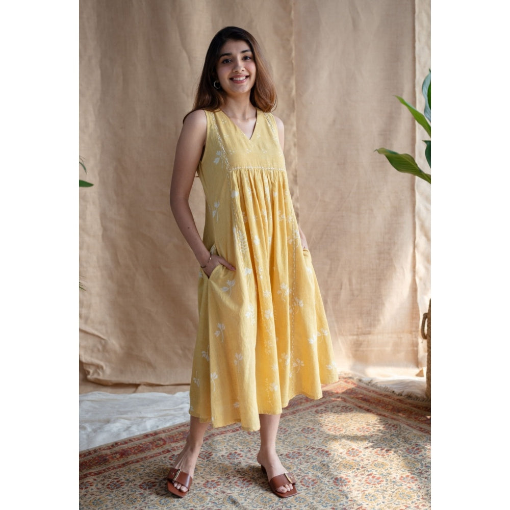 The Indian Ethnic Co. Yellow A-Line Dabu Slub Cotton Hand Block Print Embroidered Midi Dress