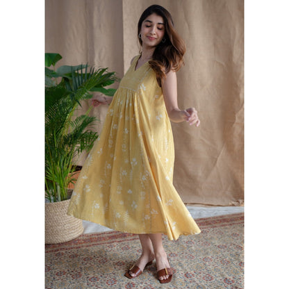 The Indian Ethnic Co. Yellow A-Line Dabu Slub Cotton Hand Block Print Embroidered Midi Dress