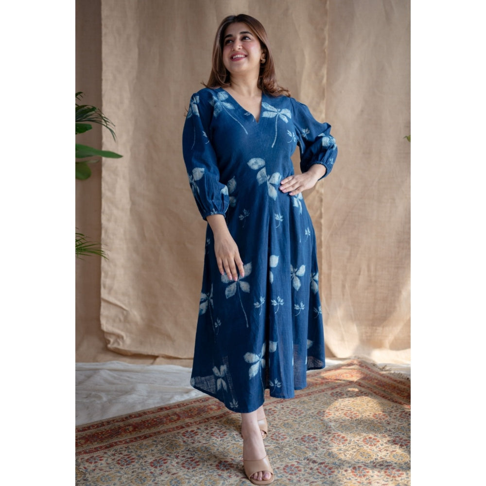 The Indian Ethnic Co. Indigo A-Line Dabu Slub Cotton Hand Block Printed Midi Dress