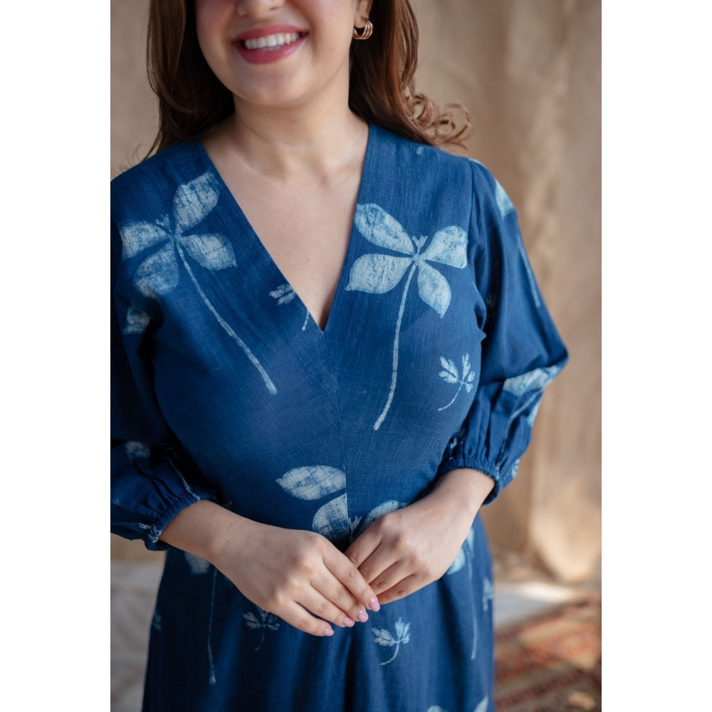The Indian Ethnic Co. Indigo A-Line Dabu Slub Cotton Hand Block Printed Midi Dress