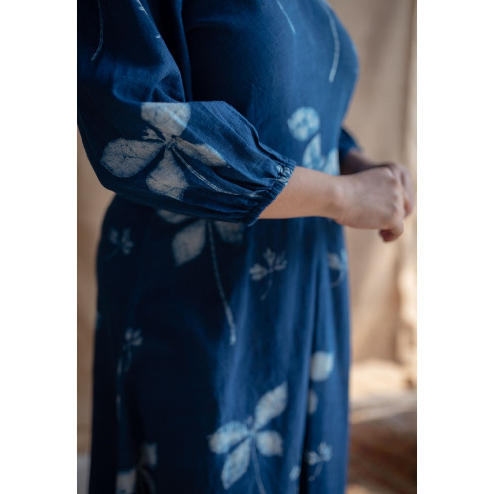 The Indian Ethnic Co. Indigo A-Line Dabu Slub Cotton Hand Block Printed Midi Dress