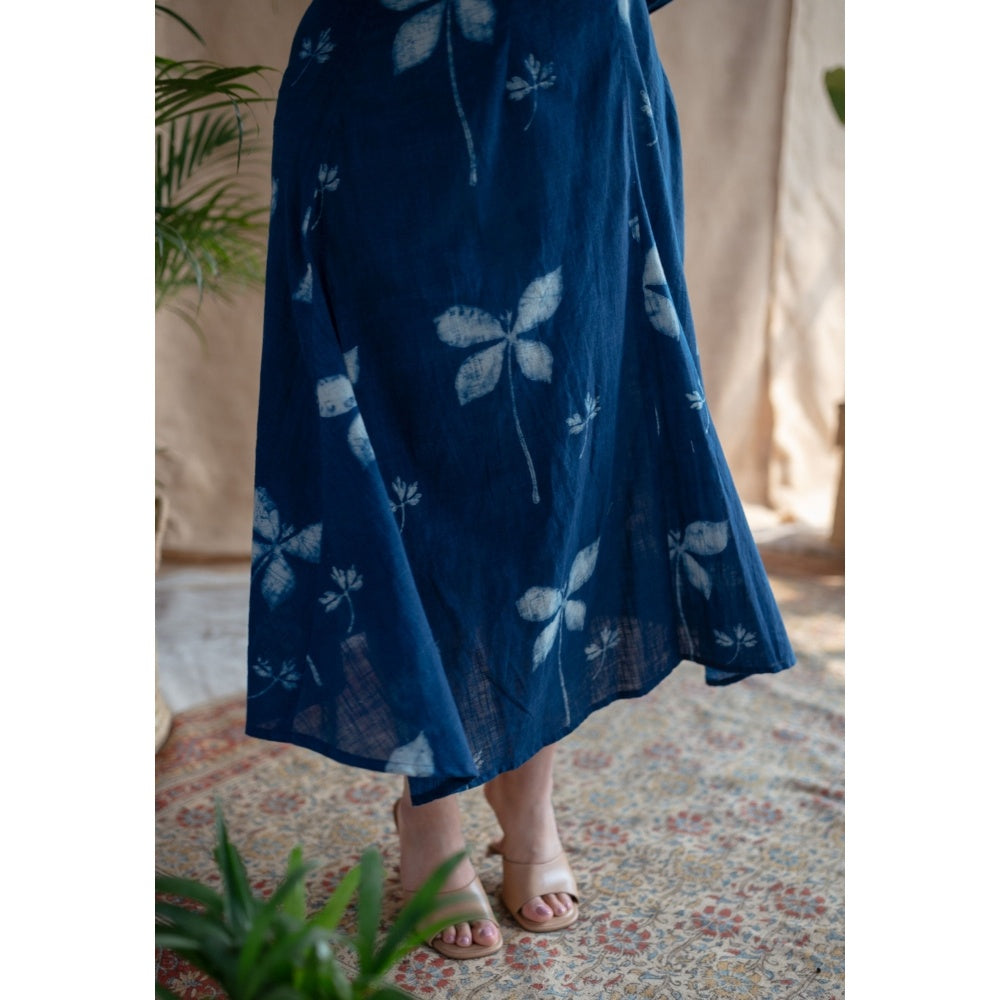 The Indian Ethnic Co. Indigo A-Line Dabu Slub Cotton Hand Block Printed Midi Dress