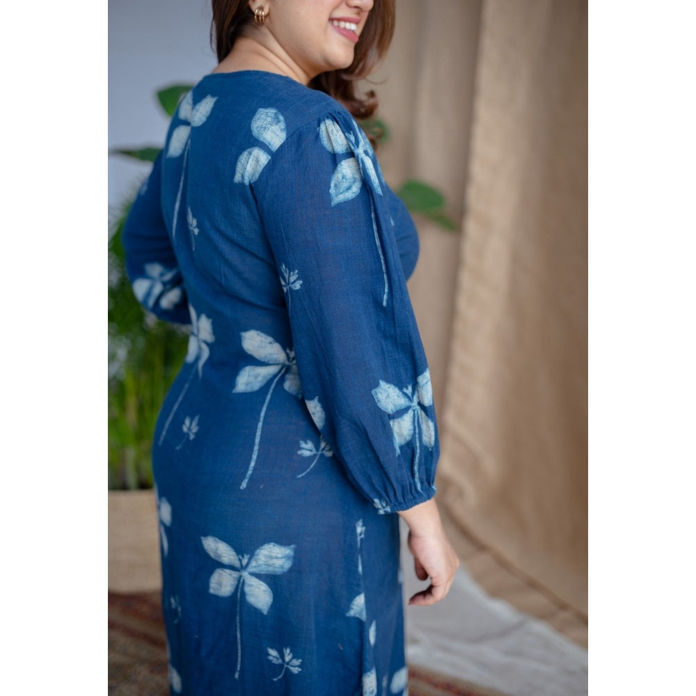 The Indian Ethnic Co. Indigo A-Line Dabu Slub Cotton Hand Block Printed Midi Dress