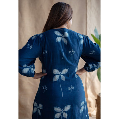 The Indian Ethnic Co. Indigo A-Line Dabu Slub Cotton Hand Block Printed Midi Dress