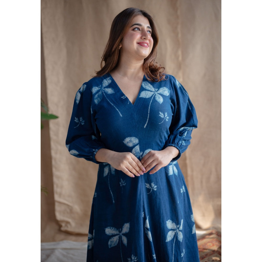 The Indian Ethnic Co. Indigo A-Line Dabu Slub Cotton Hand Block Printed Midi Dress