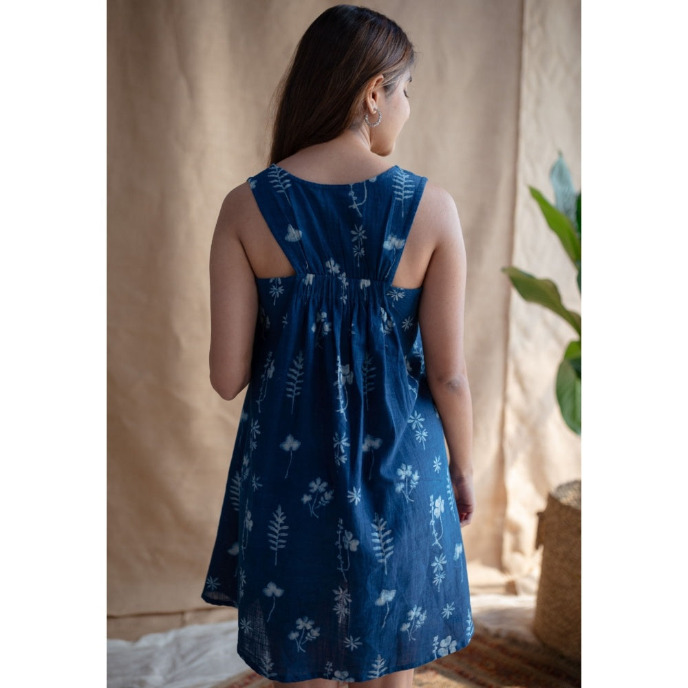 The Indian Ethnic Co. Indigo A-Line Dabu Slub Cotton Hand Block Printed Mini Dress