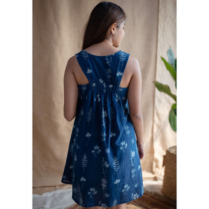 The Indian Ethnic Co. Indigo A-Line Dabu Slub Cotton Hand Block Printed Mini Dress