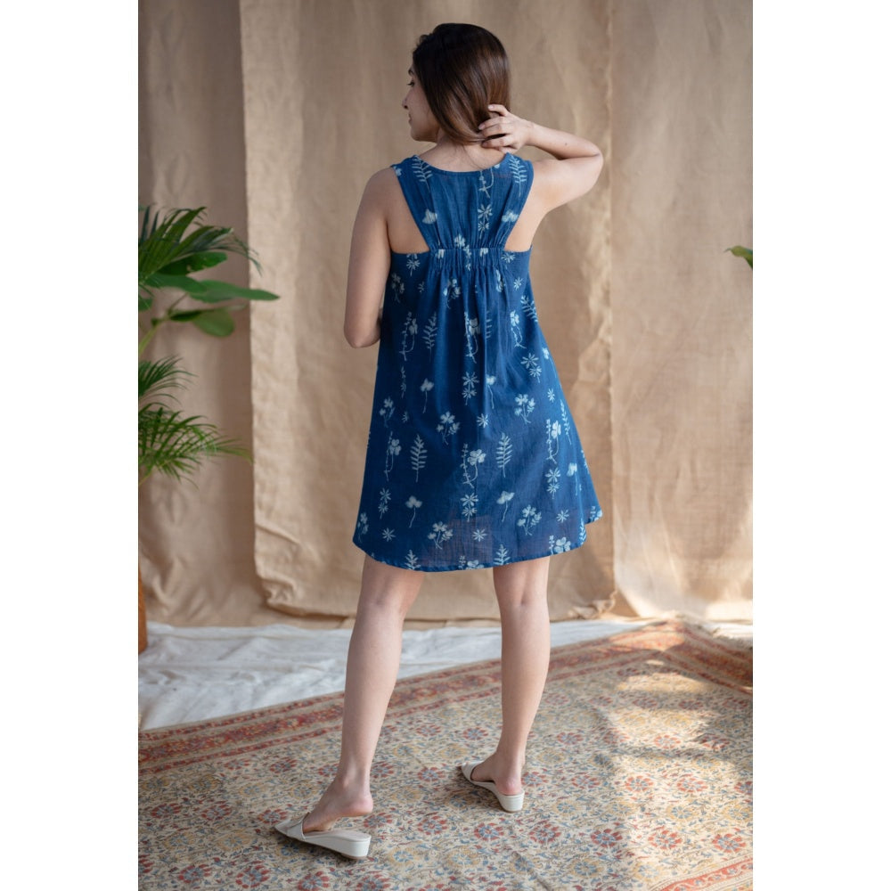 The Indian Ethnic Co. Indigo A-Line Dabu Slub Cotton Hand Block Printed Mini Dress