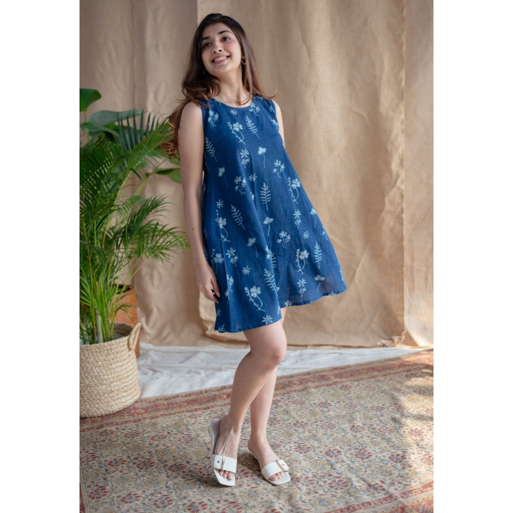 The Indian Ethnic Co. Indigo A-Line Dabu Slub Cotton Hand Block Printed Mini Dress