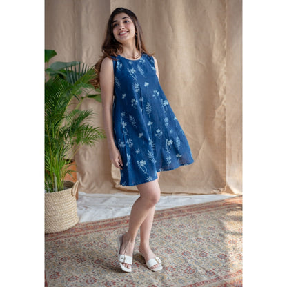 The Indian Ethnic Co. Indigo A-Line Dabu Slub Cotton Hand Block Printed Mini Dress