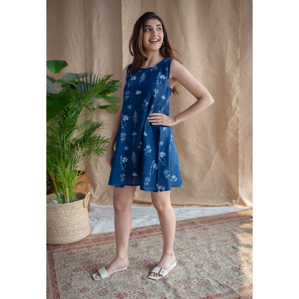 The Indian Ethnic Co. Indigo A-Line Dabu Slub Cotton Hand Block Printed Mini Dress