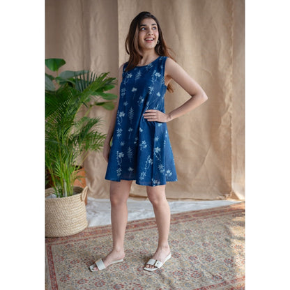 The Indian Ethnic Co. Indigo A-Line Dabu Slub Cotton Hand Block Printed Mini Dress