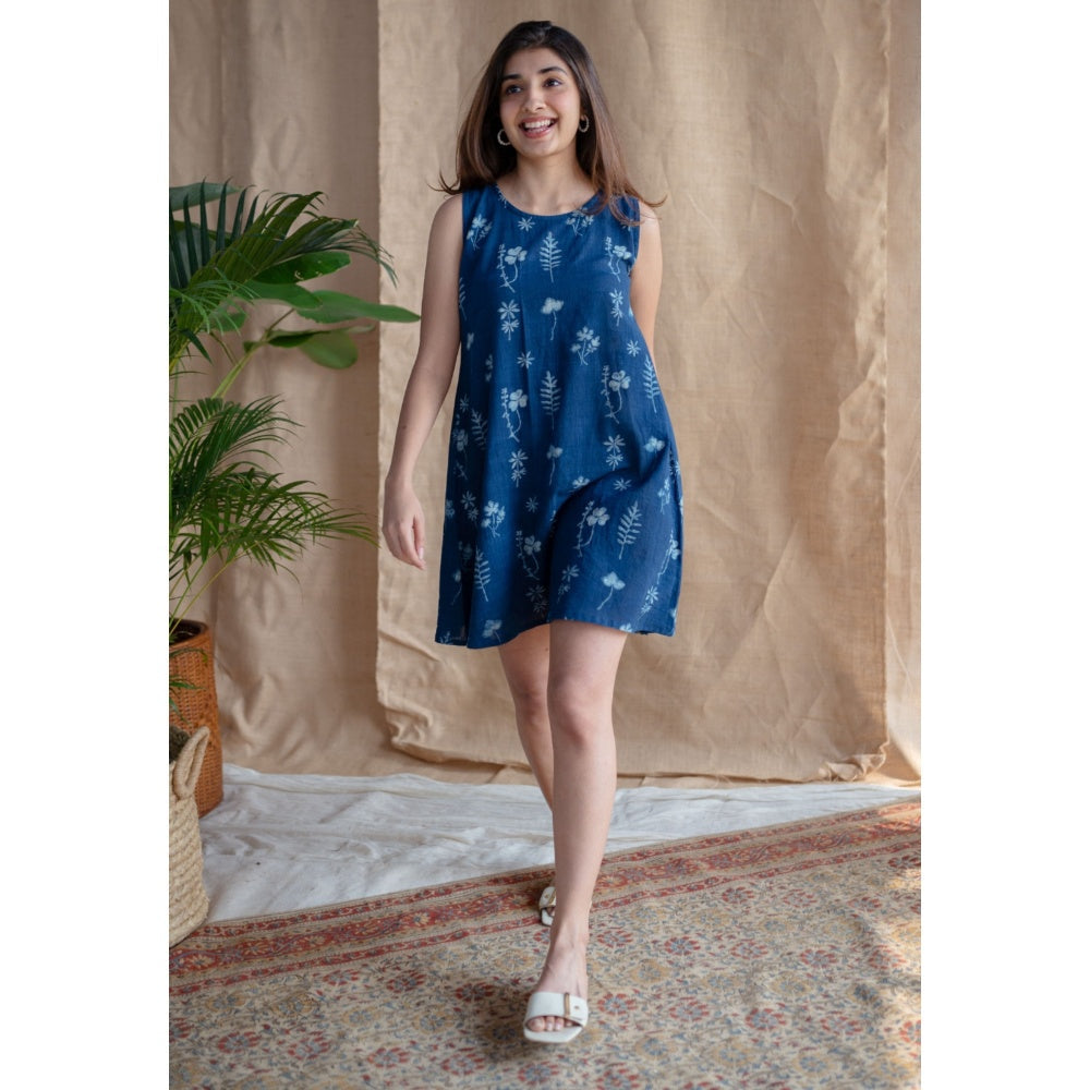 The Indian Ethnic Co. Indigo A-Line Dabu Slub Cotton Hand Block Printed Mini Dress