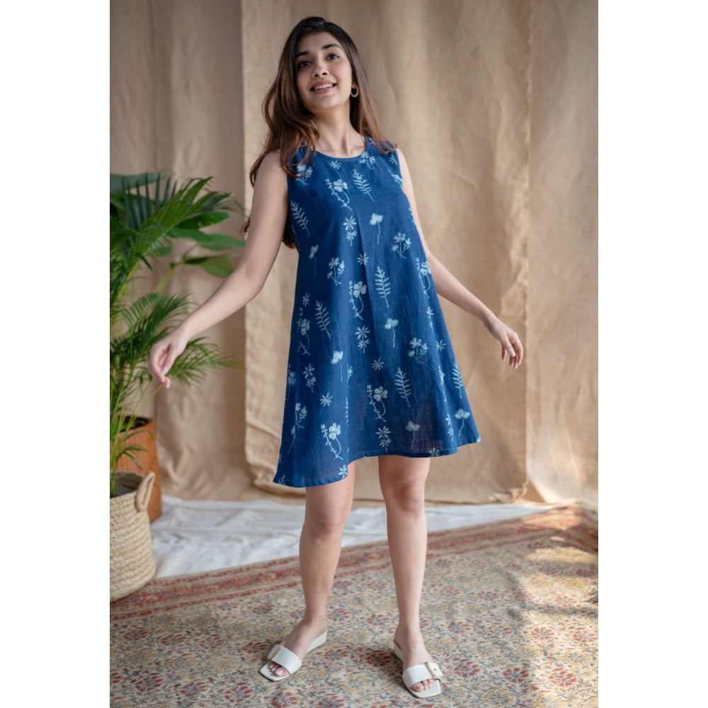 The Indian Ethnic Co. Indigo A-Line Dabu Slub Cotton Hand Block Printed Mini Dress