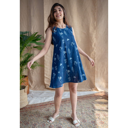 The Indian Ethnic Co. Indigo A-Line Dabu Slub Cotton Hand Block Printed Mini Dress