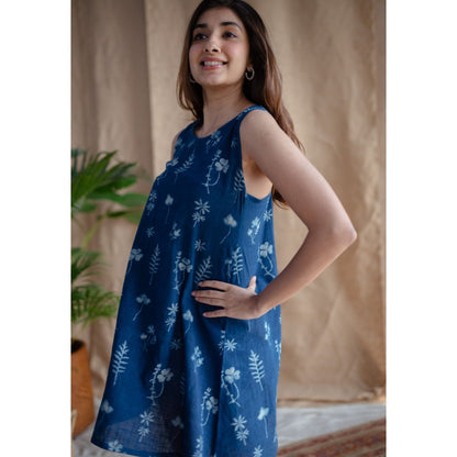 The Indian Ethnic Co. Indigo A-Line Dabu Slub Cotton Hand Block Printed Mini Dress