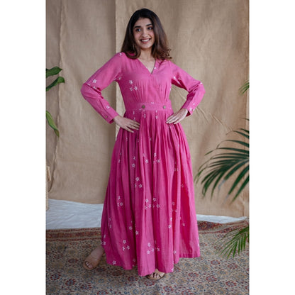 The Indian Ethnic Co. Pink A-Line Dabu Slub Cotton Hand Block Printed Maxi Dress