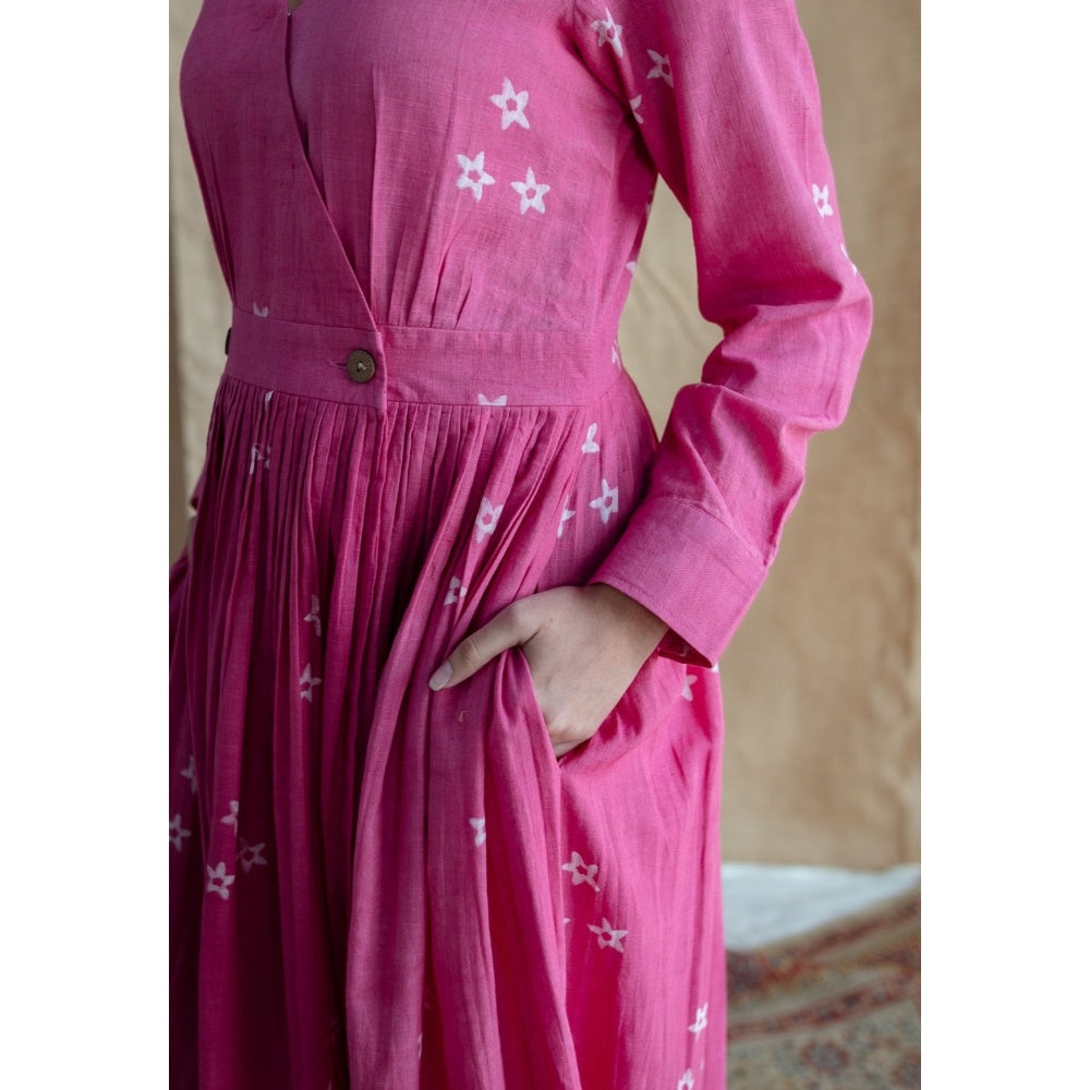 The Indian Ethnic Co. Pink A-Line Dabu Slub Cotton Hand Block Printed Maxi Dress