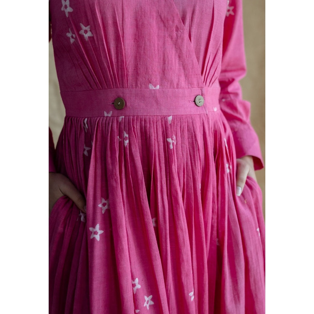 The Indian Ethnic Co. Pink A-Line Dabu Slub Cotton Hand Block Printed Maxi Dress