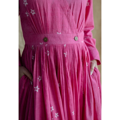 The Indian Ethnic Co. Pink A-Line Dabu Slub Cotton Hand Block Printed Maxi Dress