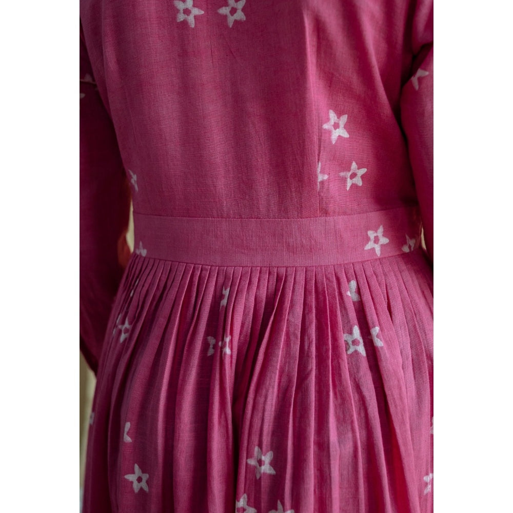 The Indian Ethnic Co. Pink A-Line Dabu Slub Cotton Hand Block Printed Maxi Dress