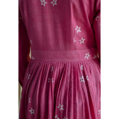 The Indian Ethnic Co. Pink A-Line Dabu Slub Cotton Hand Block Printed Maxi Dress