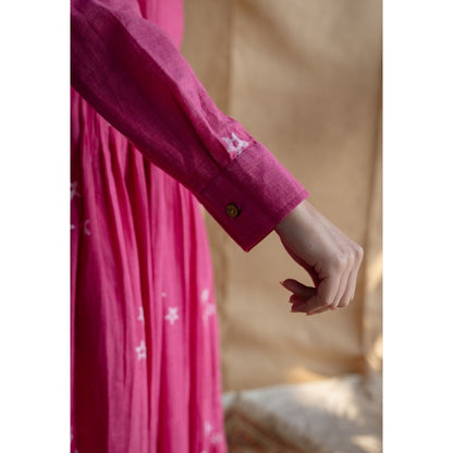 The Indian Ethnic Co. Pink A-Line Dabu Slub Cotton Hand Block Printed Maxi Dress
