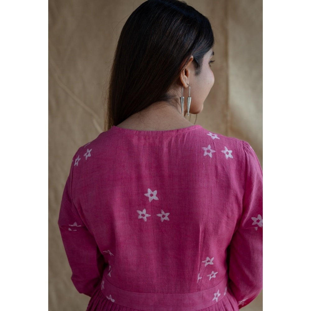 The Indian Ethnic Co. Pink A-Line Dabu Slub Cotton Hand Block Printed Maxi Dress