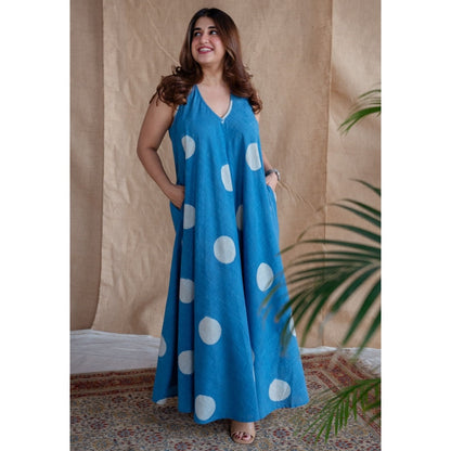 The Indian Ethnic Co. Blue A-Line Dabu Slub Cotton Hand Block Printed Maxi Dress